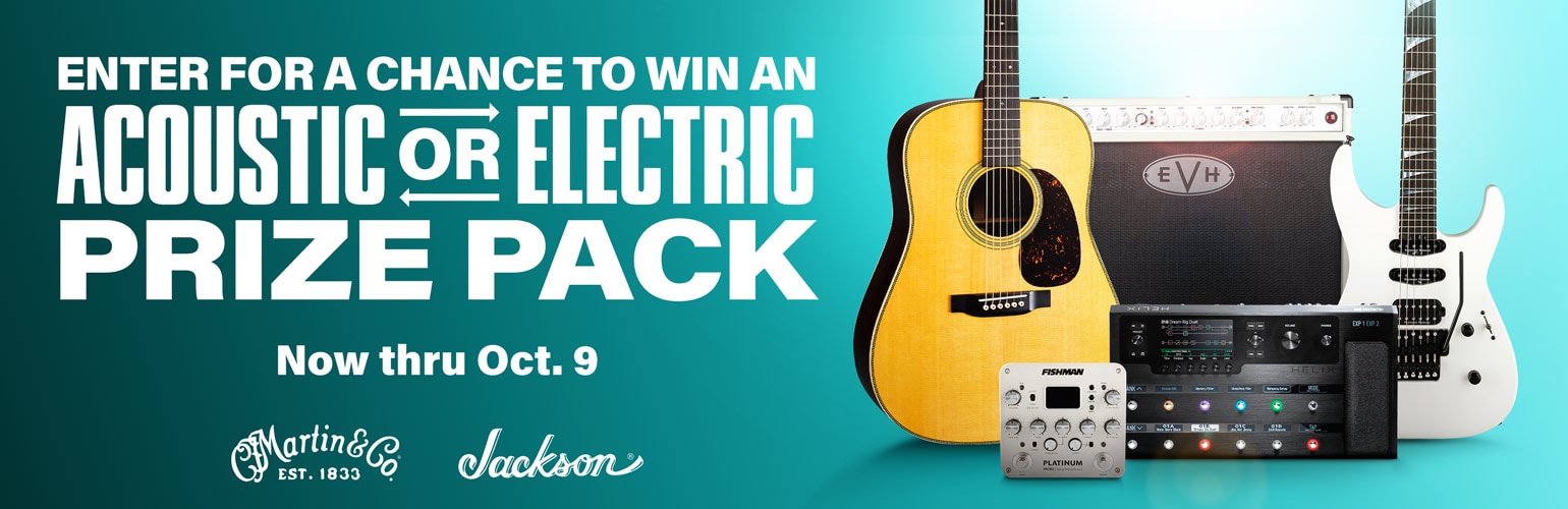 Enter for a chance to win an acoustic or electric prize pack. Now thru October 9.