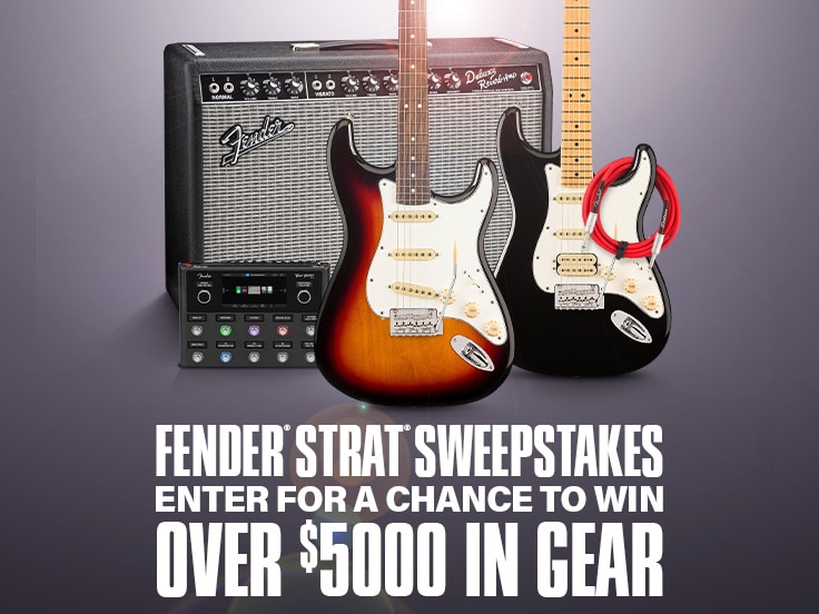Fender Strat Sweepstakes. Enter for a chance to win over 5000 dollars in gear.